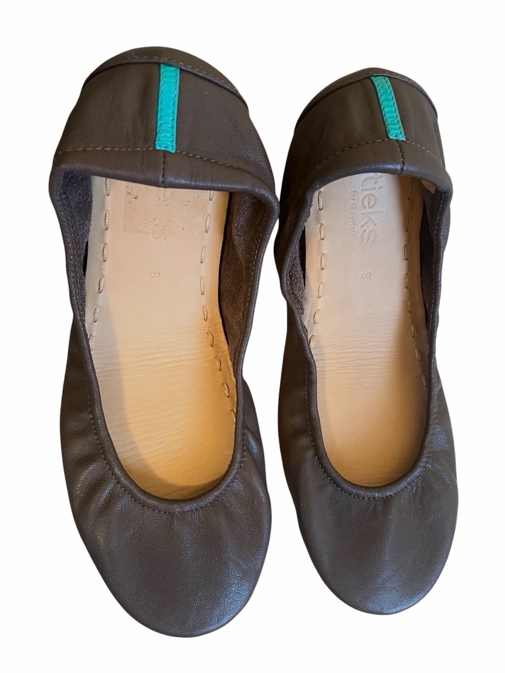 Tieks Brown Leather Ballet Flat with Teal Trim - Picture 3 of 6